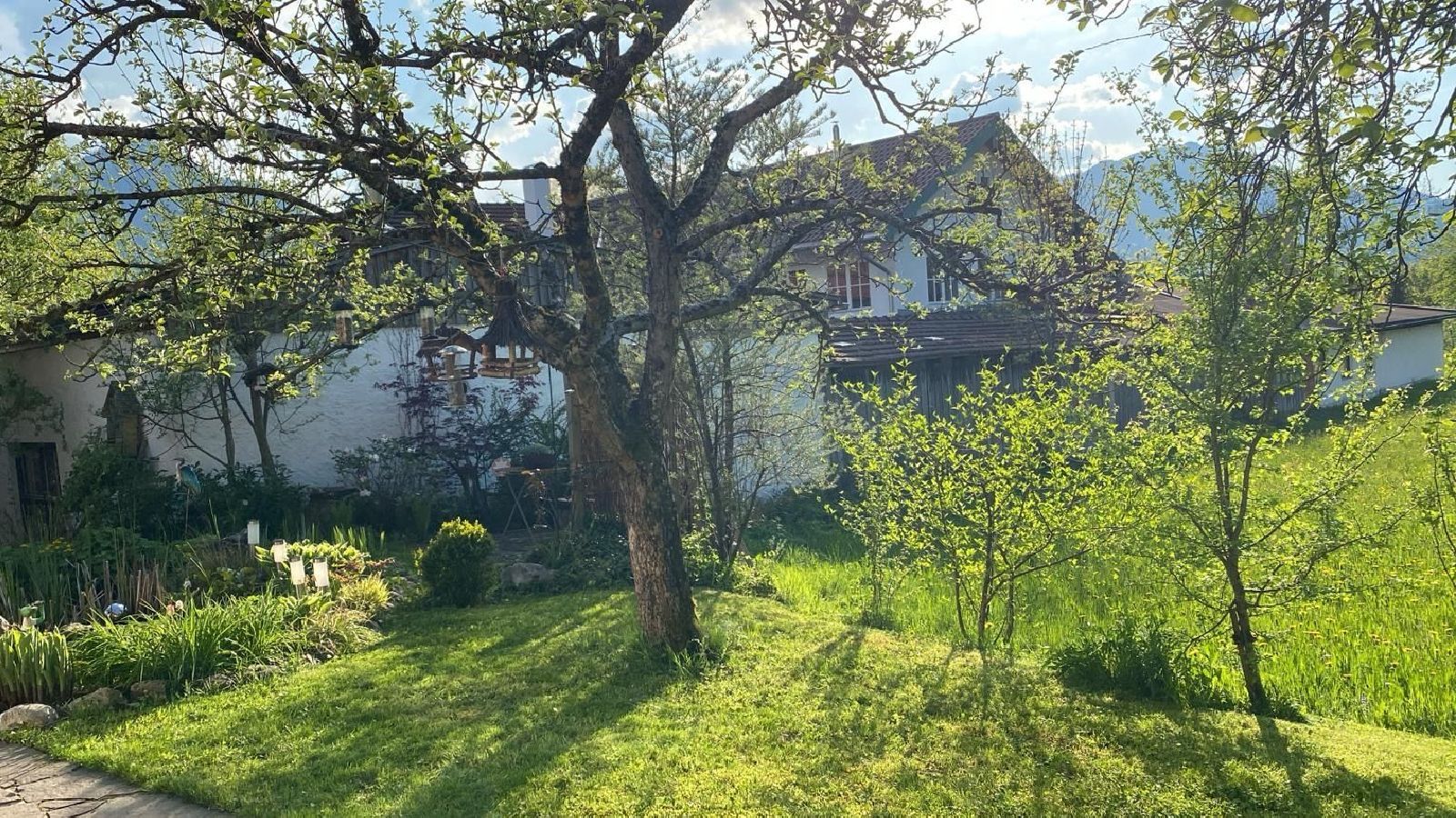 Garten der Bachl Ferienwohnungen mit Obstbäumen, Teich und Liegewiese